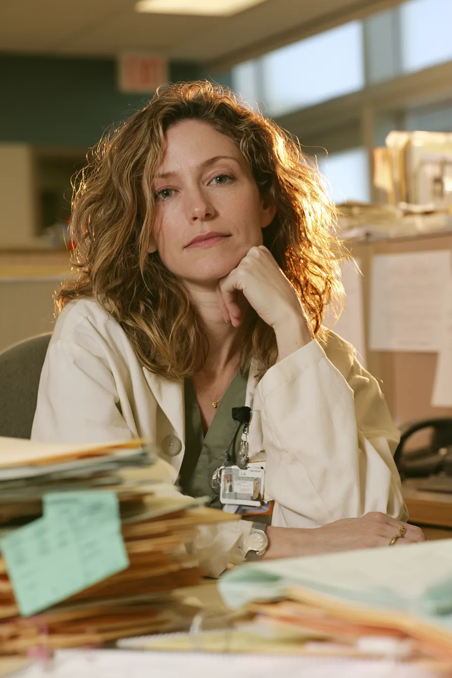 Clinic administrator with an ID badge organizing patient billing folders at her desk