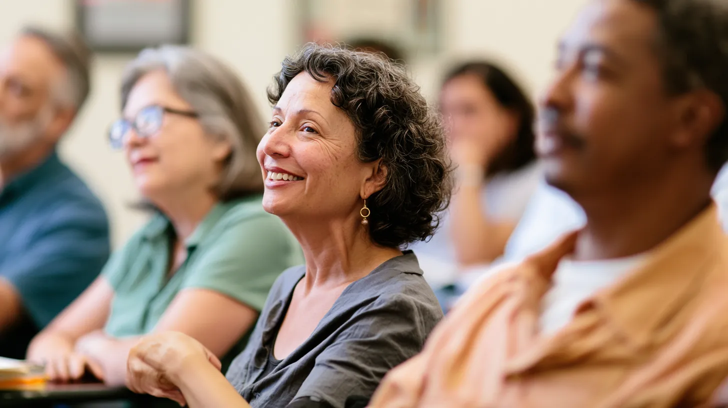 Wide candid of a diverse community financial workshop with attendees listening and taking notes
