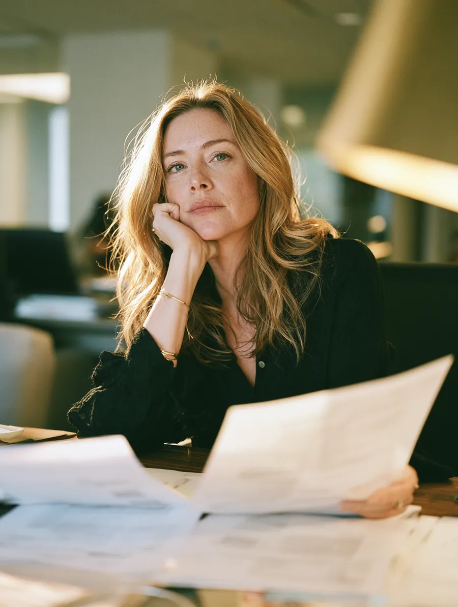 Woman comparing two loan offer documents side by side at a softly lit desk