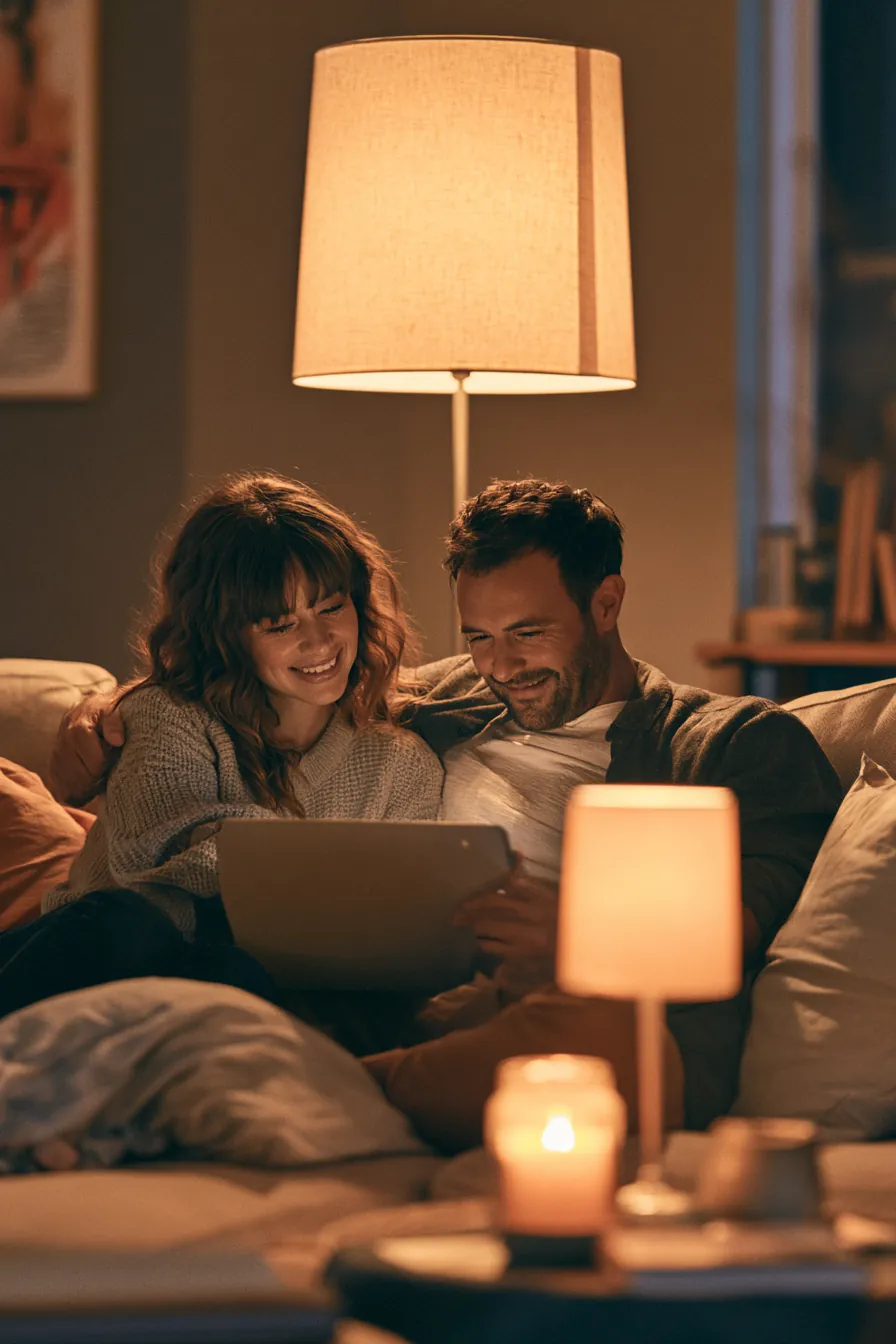 Couple on a living room sofa reviewing consolidation options together on a laptop in the evening