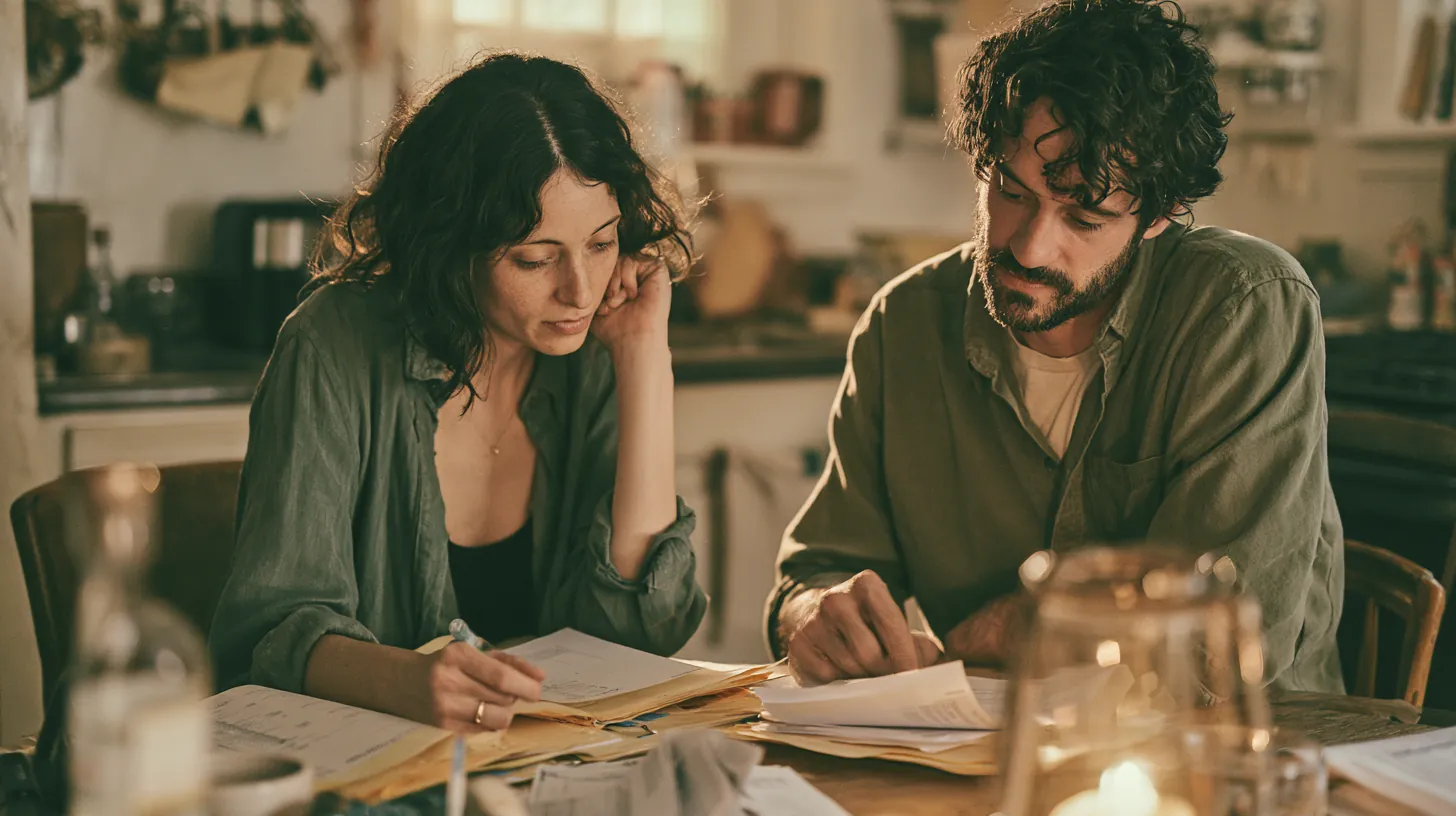Couple organizing several bills into a single folder at their kitchen table