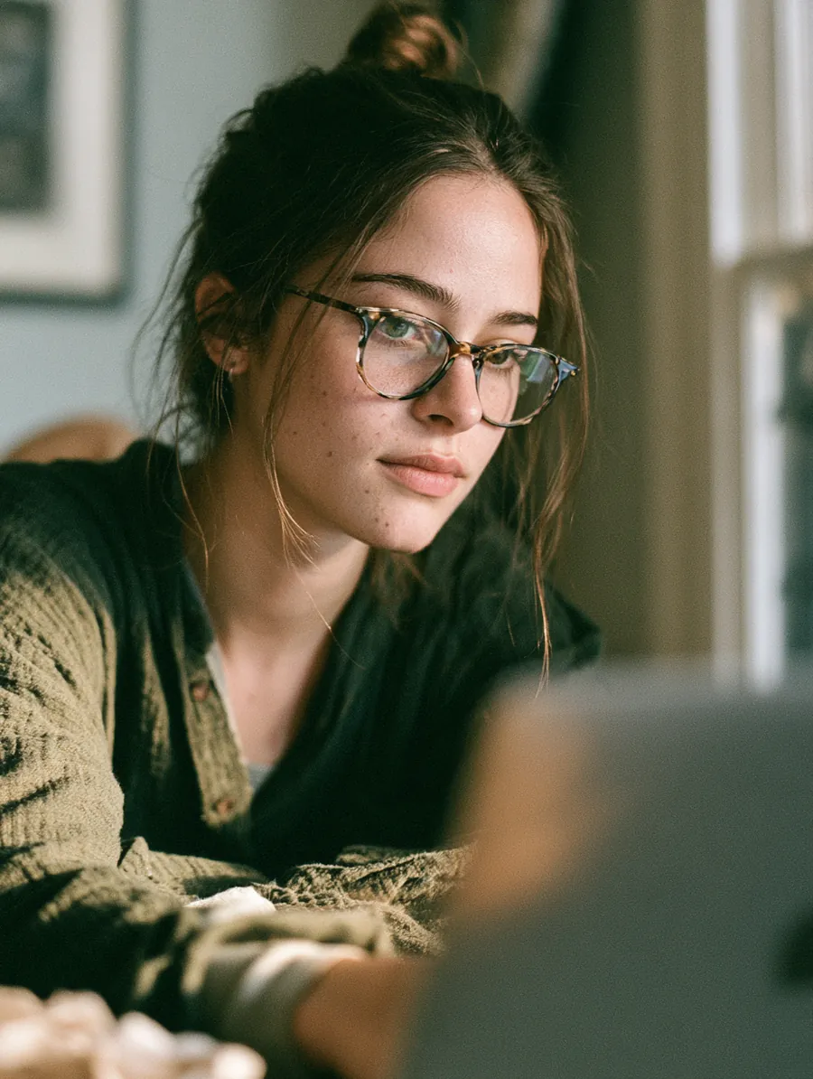 Young woman with glasses working through a loan repayment plan on her laptop