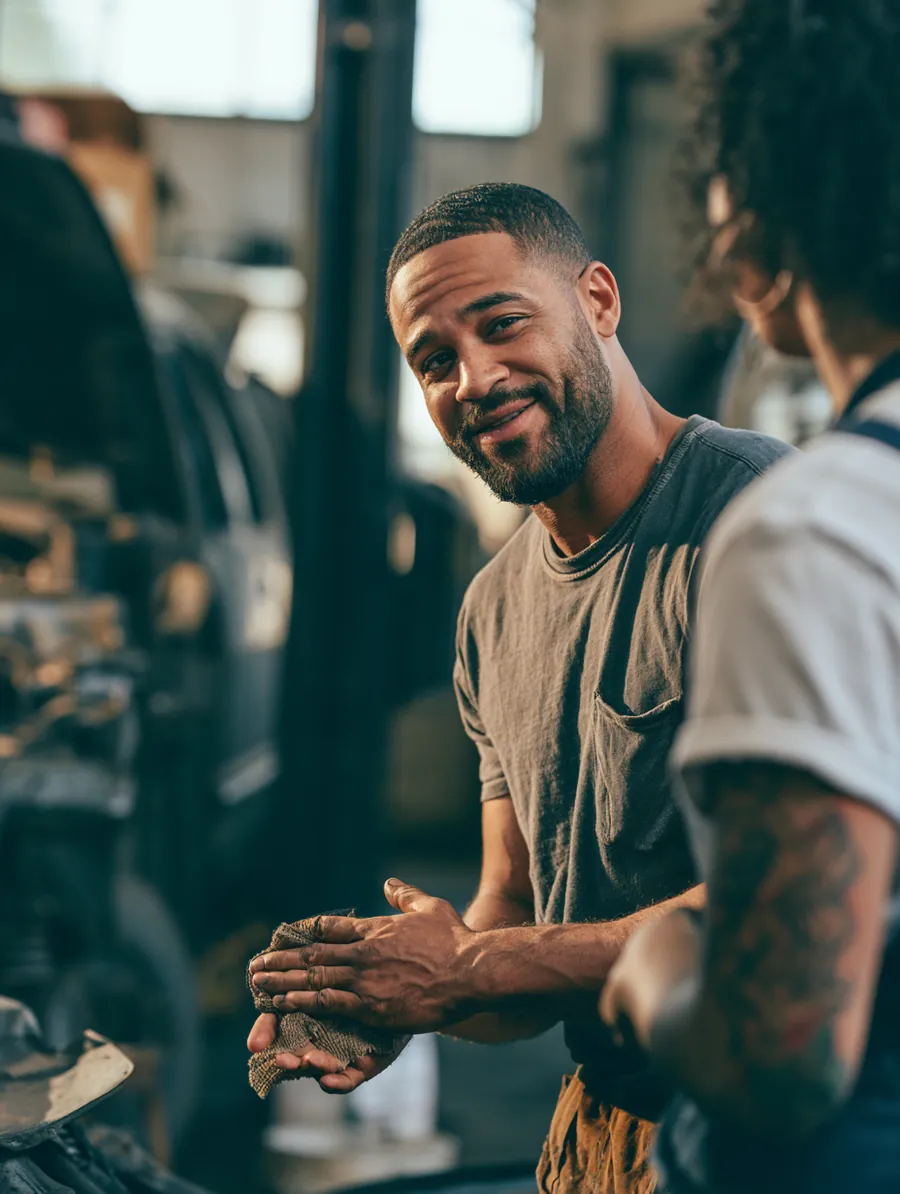 Mechanic holding an engine component while discussing repair costs with customers in his garage
