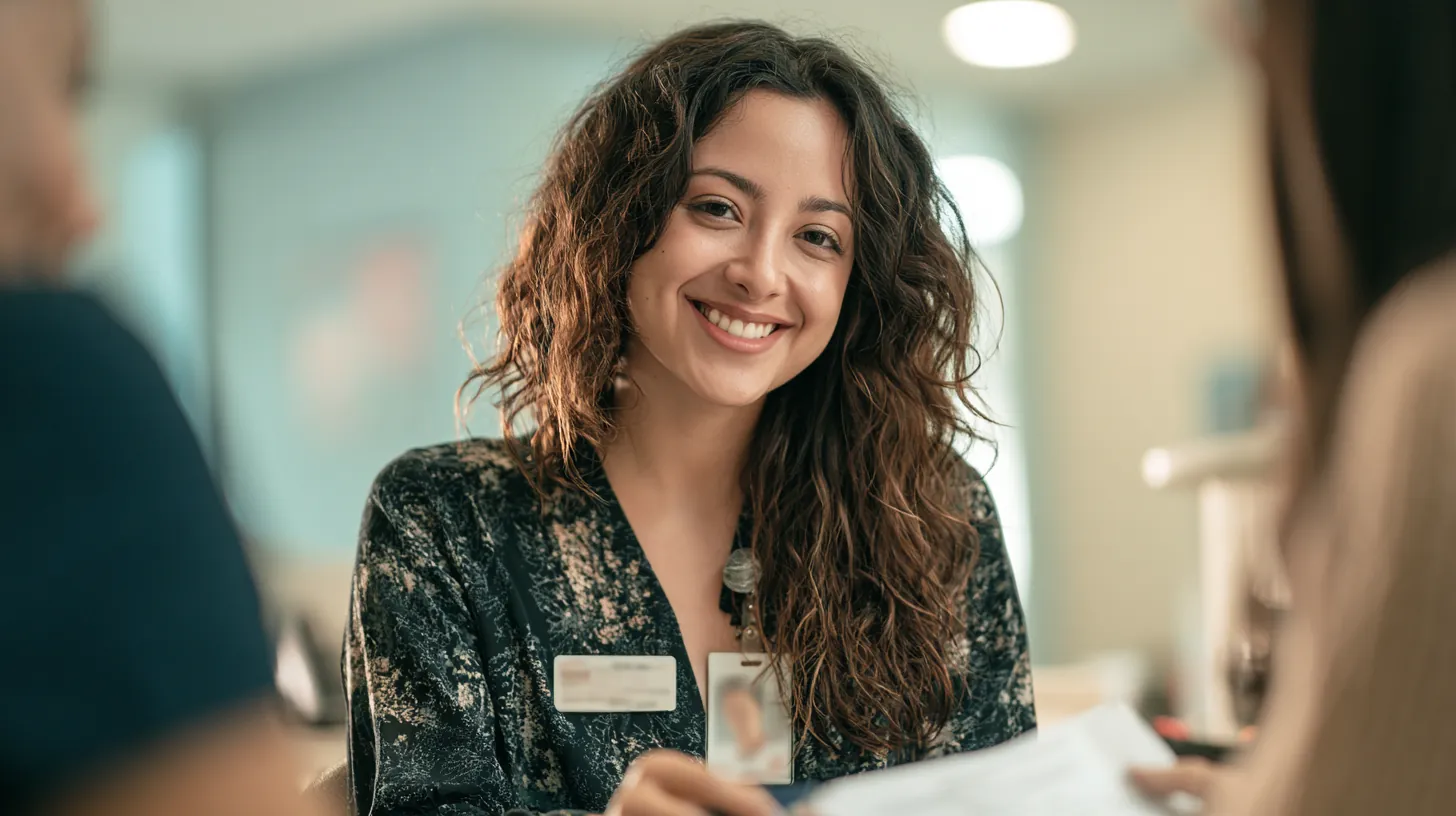 Friendly receptionist helping a patient with paperwork at a medical clinic front desk