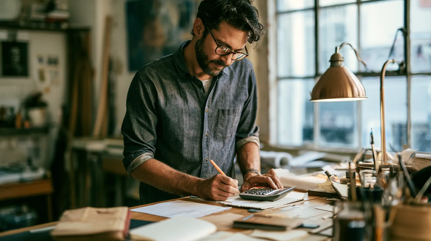 Man at a standing desk planning loan payments with a calculator and notepad