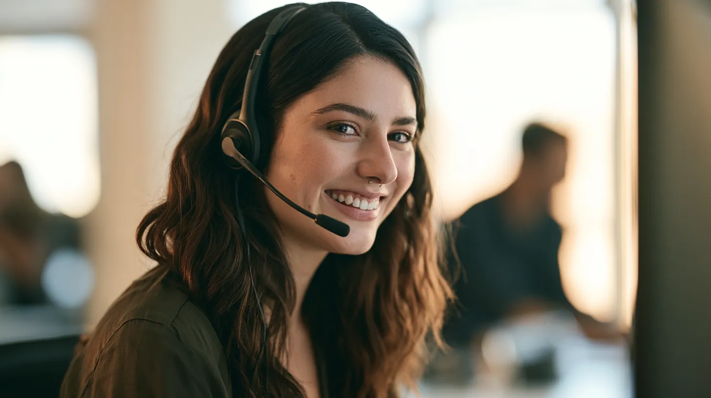 Support specialist answering customer questions with a headset at a bright desk