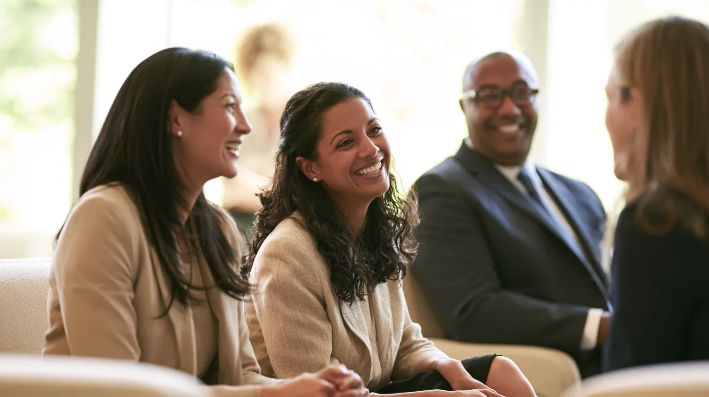 Diverse group of customers at a community session, one woman smiling warmly in focus