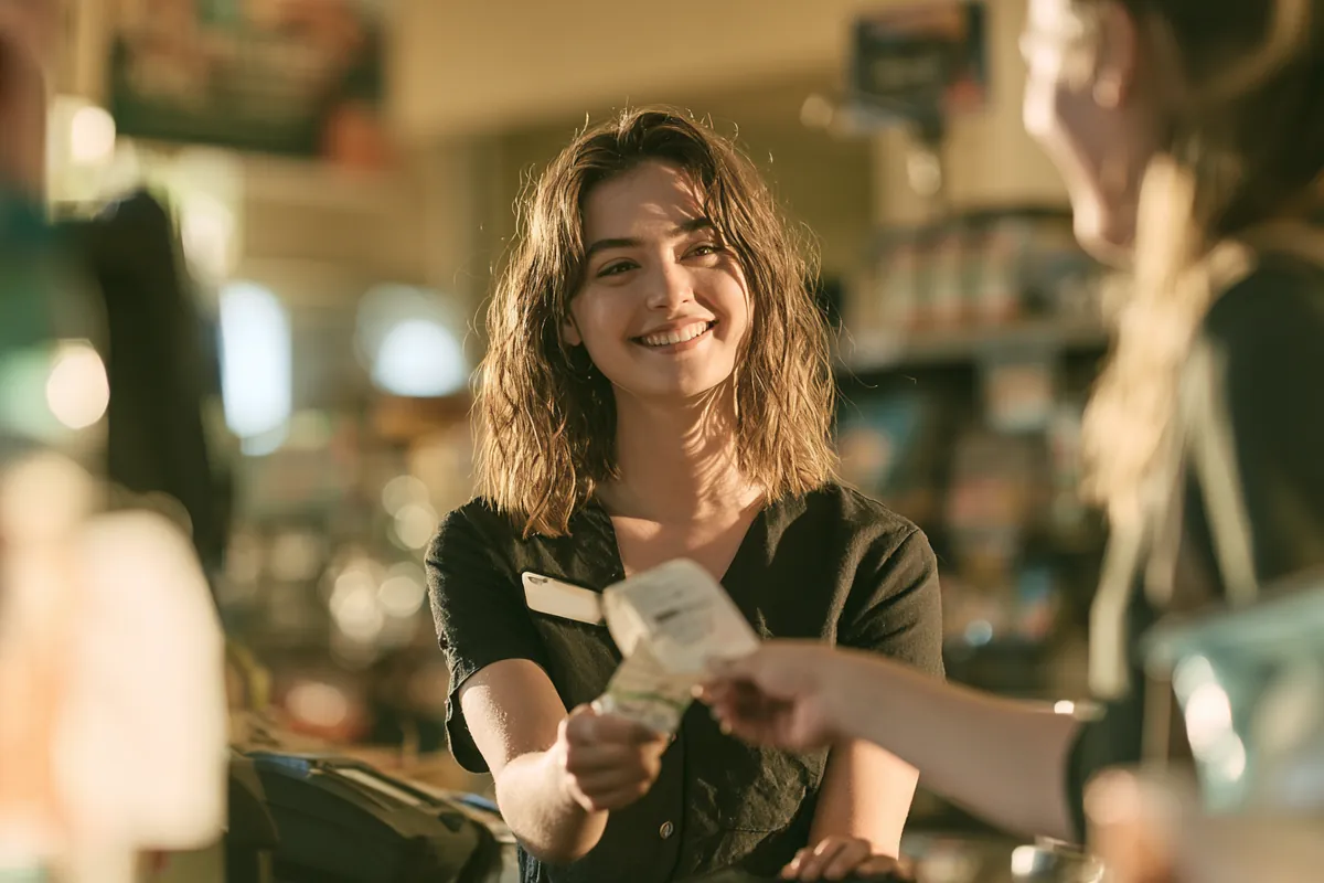 Customer receiving an approved small loan receipt at a service counter