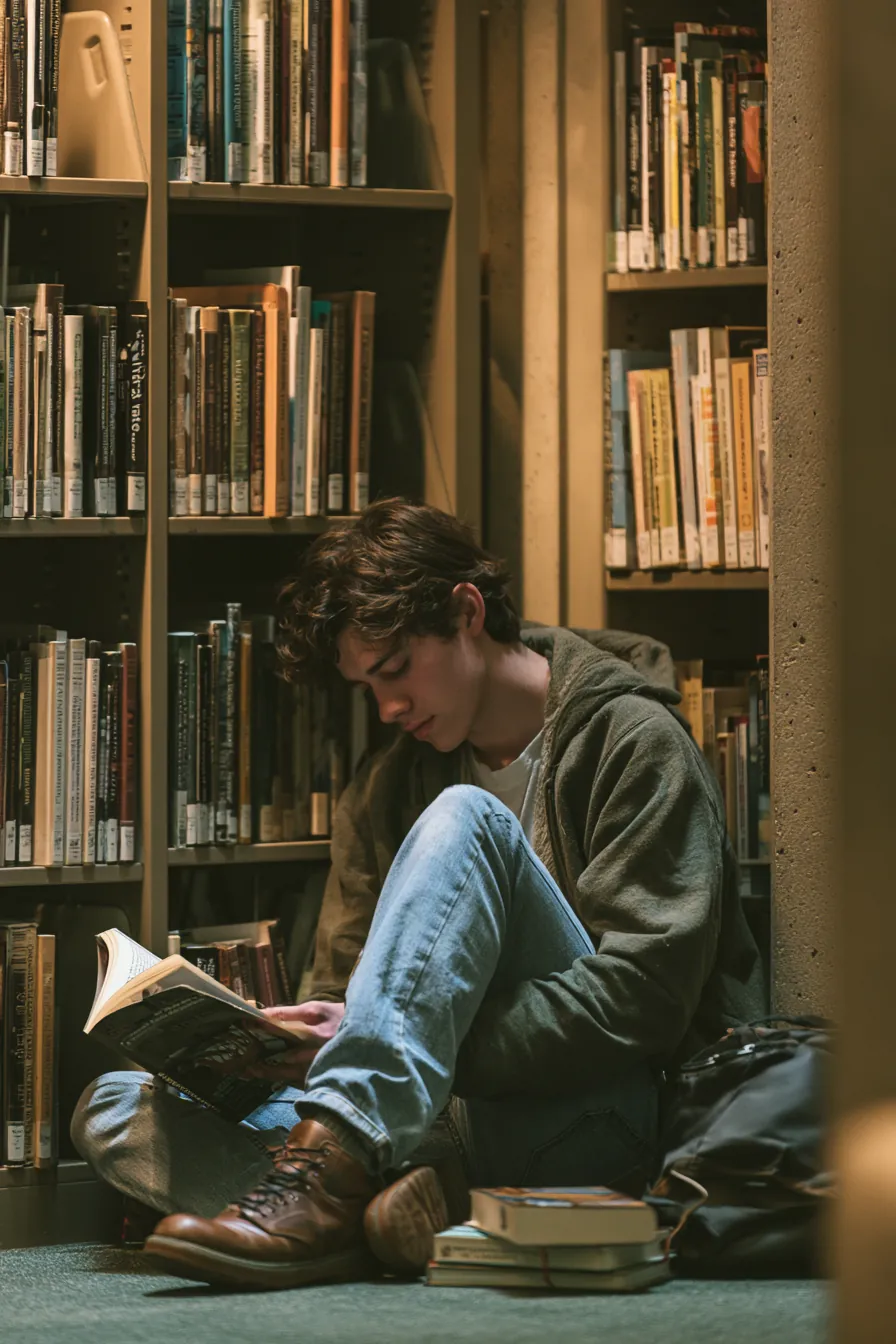 Young man studying interest rate material in a quiet library nook surrounded by bookshelves